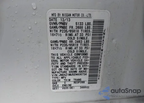 2014 Nissan Murano Sv from USA, damaged, VIN JN8AZ1MU5EW406734